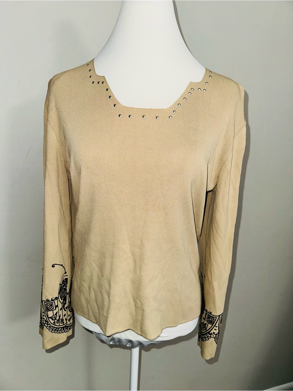 Beige Long-Sleeve Womens Top with Studded Neckline
